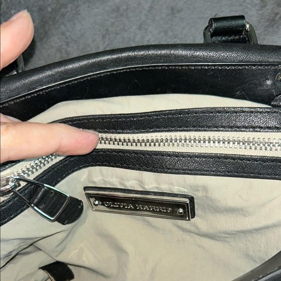 Olivia Harris Black Leather Duffel Bag with Modern Chain-Link Design - Picture 11 of 16